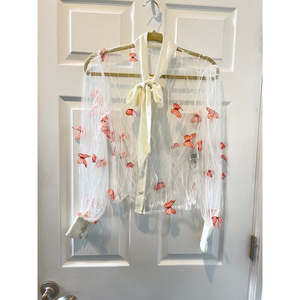 Unique Vintage 3D Butterfly Blouse Long Sleeve Lace with Bow Collar Sz XS #34